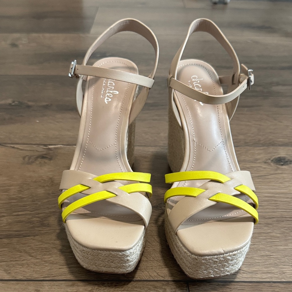 Charles by Charles David Wedges with Beige and Yellow Straps